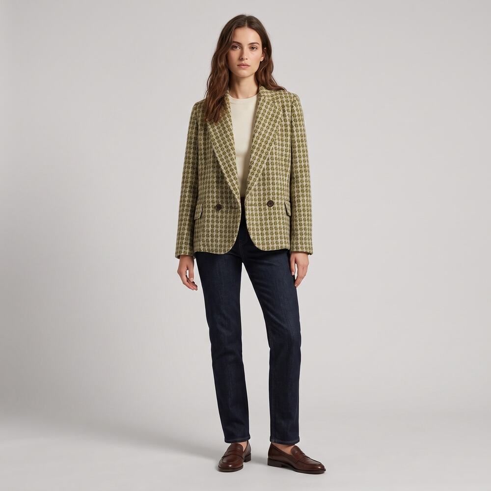 Banana Republic Tweed Houndstooth Blazer XL Green Double Breasted Jacket Classic
